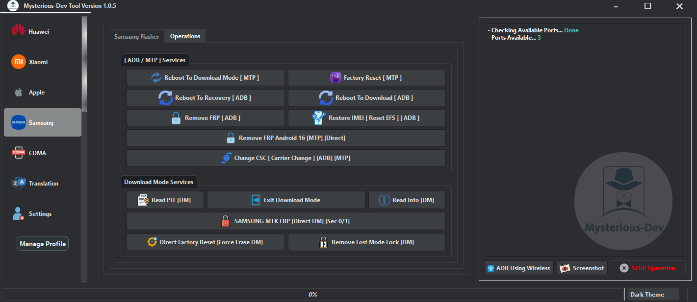 Mysterious-dev tool solution for unlocking flashing & repairing smartphones 21 Mysterious-dev tool interface showing multi-brand smartphone repair and unlocking options