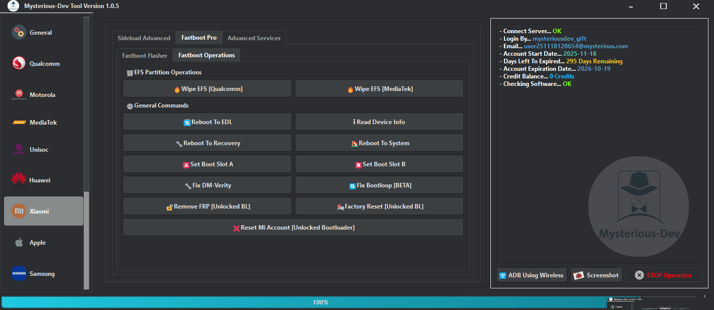 Mysterious-dev tool v1. 1. 0 solution for unlocking flashing & repairing smartphones 17 Mysterious-dev tool interface showing multi-brand unlocking flashing frp removal and repair features
