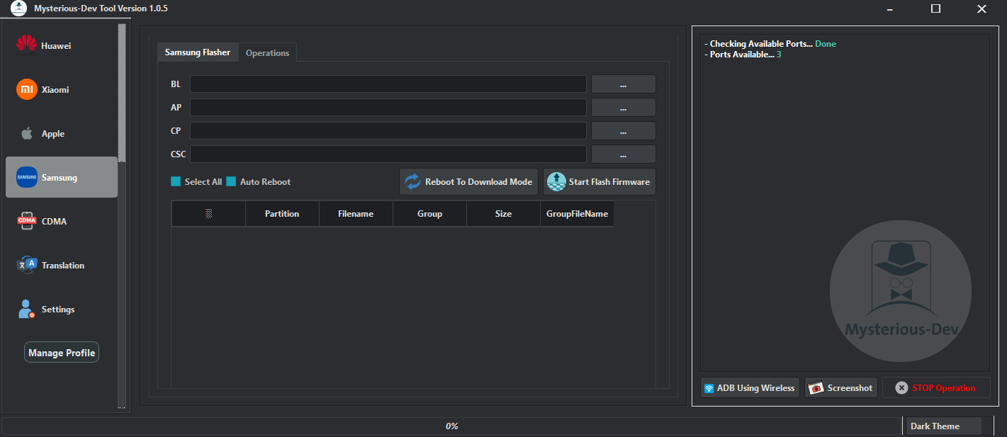 Mysterious-dev tool v1. 1. 0 solution for unlocking flashing & repairing smartphones 22 Mysterious-dev tool interface showing multi-brand smartphone repair features including frp removal sim unlock firmware flashing imei repair and device service options.