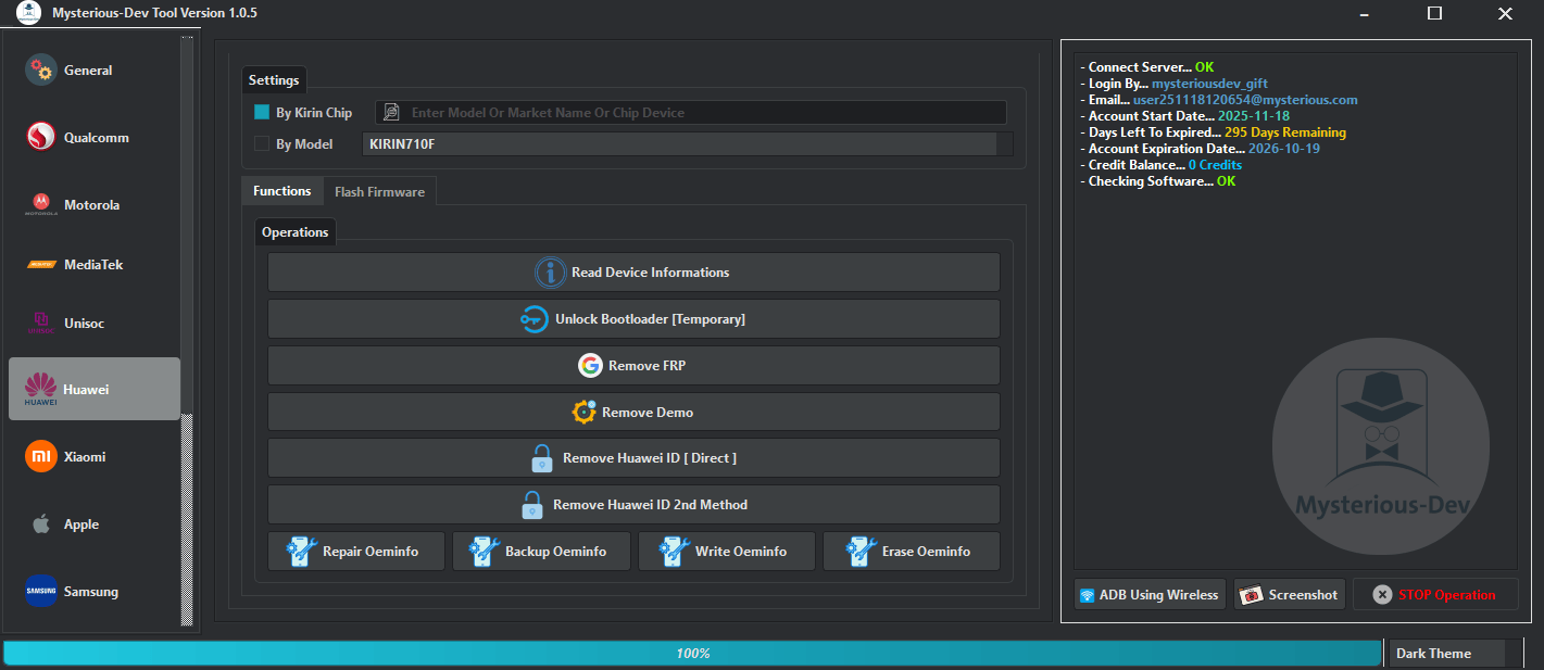 Mysterious-dev tool v1. 1. 0 solution for unlocking flashing & repairing smartphones 14 Mysterious-dev tool interface showing multi-brand smartphone repair features including frp removal imei repair flashing and unlocking services.
