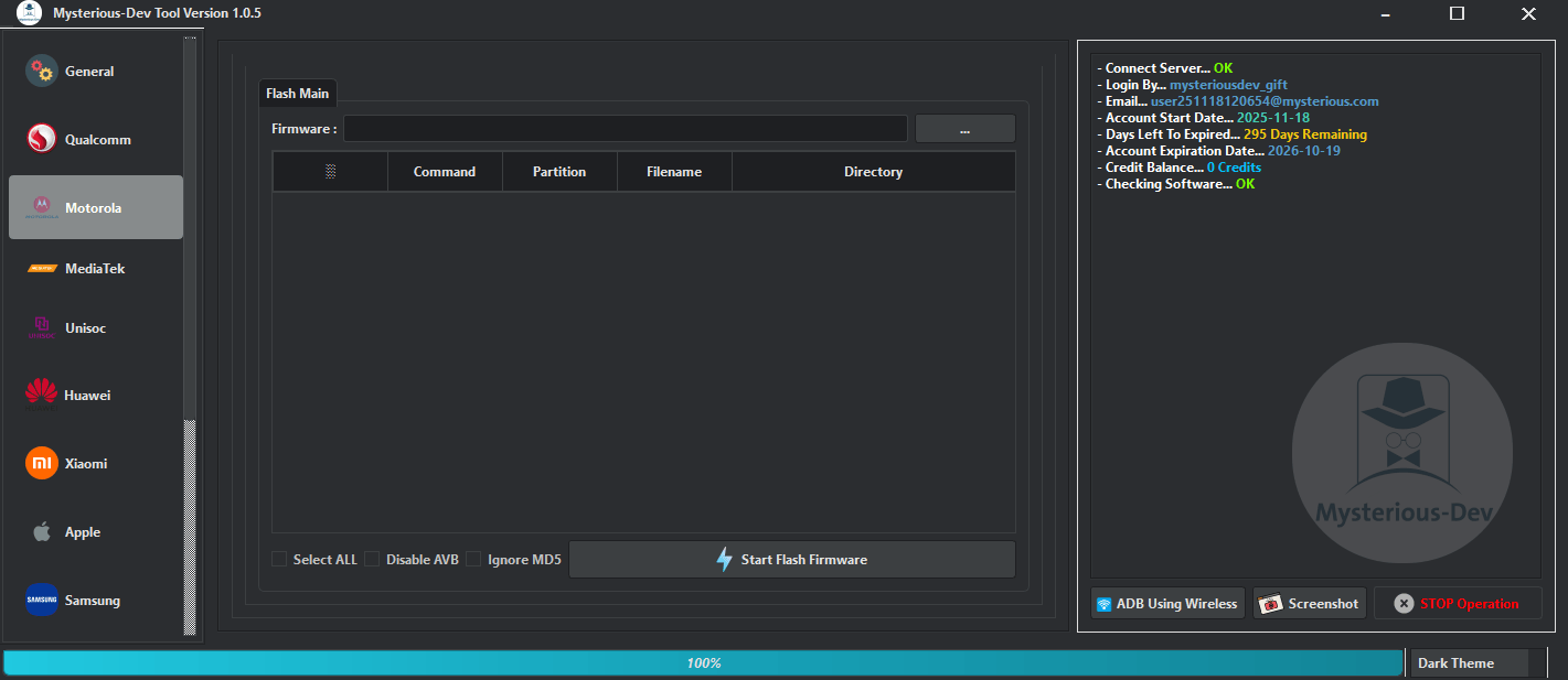 Mysterious-dev tool solution for unlocking flashing & repairing smartphones 8 Mysterious-dev tool interface showing multi-brand smartphone repair options including unlocking flashing frp removal imei repair and firmware services.