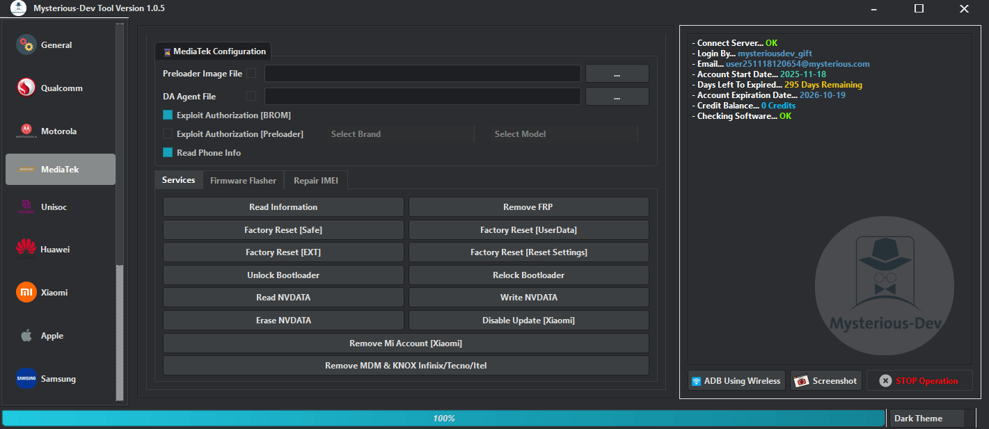 Mysterious-dev tool solution for unlocking flashing & repairing smartphones 9 Mysterious dev tool interface showing smartphone unlocking flashing and repair options