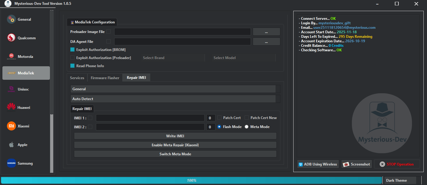 Mysterious-dev tool v1. 1. 0 solution for unlocking flashing & repairing smartphones 10 Mysterious-dev tool interface showing smartphone unlocking flashing and repair options for samsung xiaomi huawei qualcomm and mediatek devices.