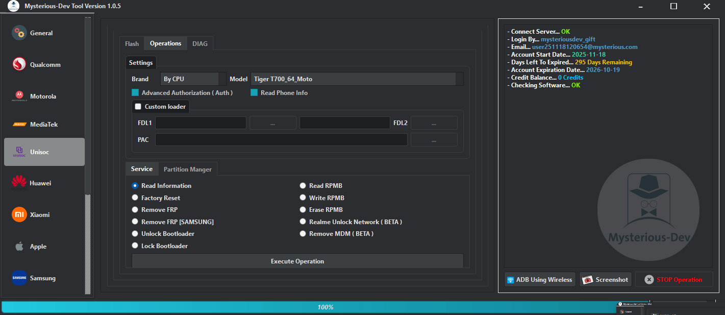 Mysterious-dev tool solution for unlocking flashing & repairing smartphones 12 Mysterious-dev tool interface showing smartphone repair flashing unlocking and frp bypass features