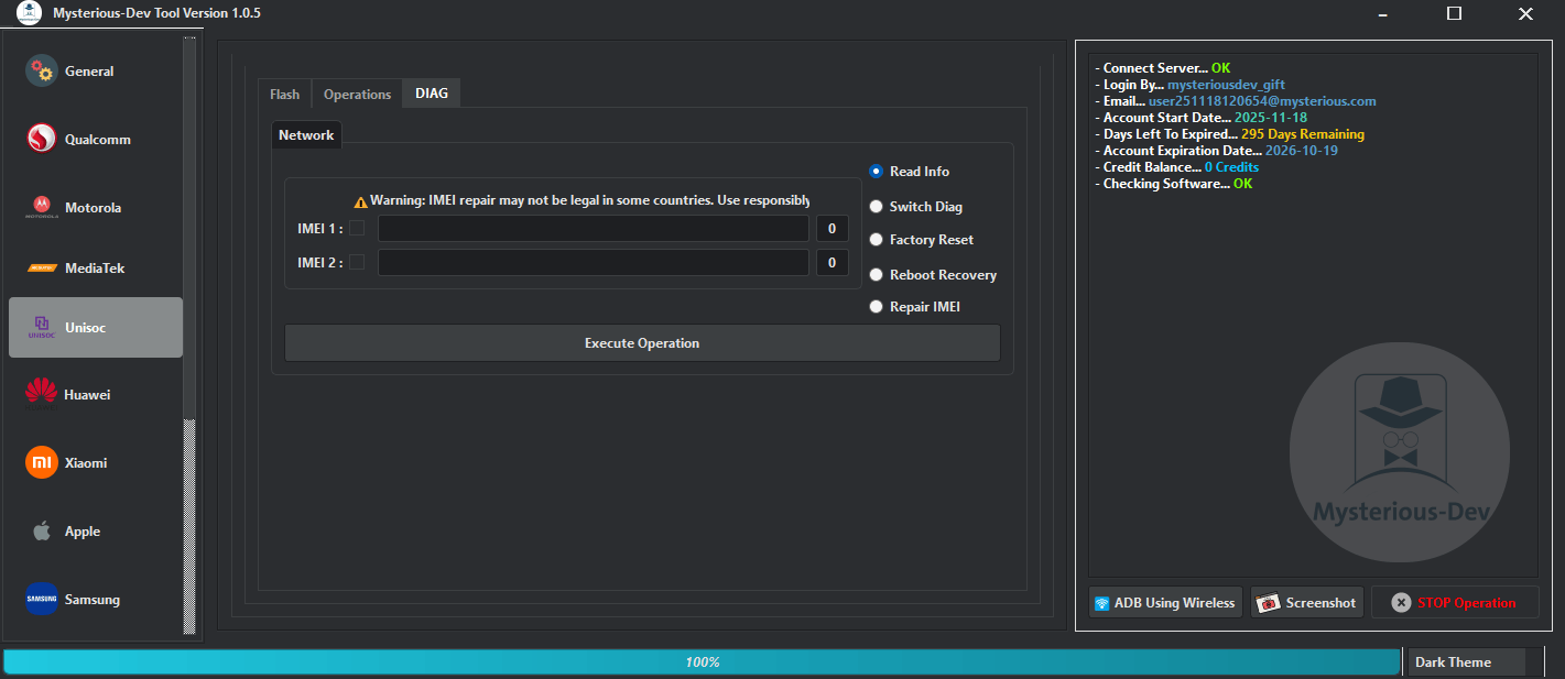 Mysterious-dev tool v1. 1. 0 solution for unlocking flashing & repairing smartphones 13 Mysterious-dev tool setup screen showing smartphone unlocking flashing and repair options for android devices
