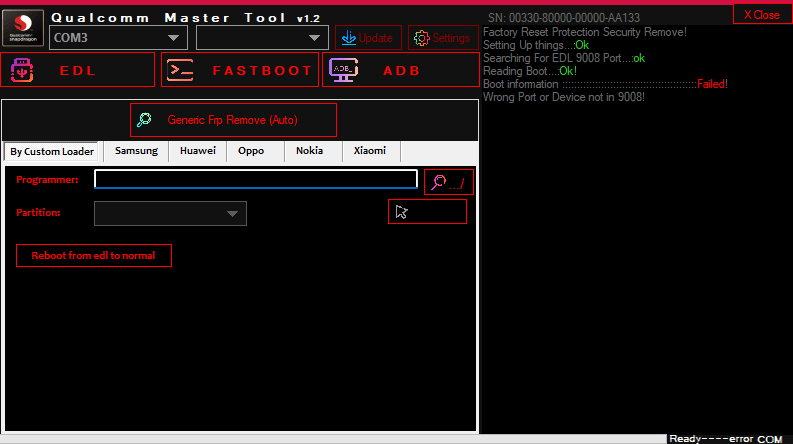 Qualcomm master tool remove frp on samsung huawei & oppo phones 2 Qualcomm master tool showing the edl mode and by custom loader tab with frp removal options.