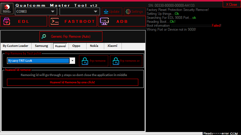 Qualcomm master tool remove frp on samsung huawei & oppo phones 4 Qualcomm master tool showing the huawei tab with options for frp removal via testpoint and huawei id bypass.