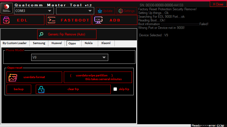 Qualcomm master tool remove frp on samsung huawei & oppo phones 5 Screenshot of qualcomm master tool v1. 2 showing the oppo tab with options for userdata format partition wipe and frp removal.