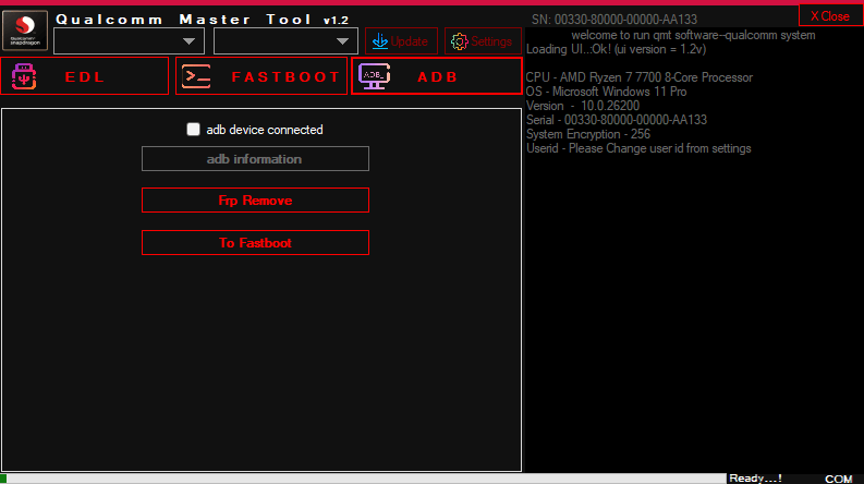 Qualcomm master tool remove frp on samsung huawei & oppo phones 7 Qualcomm master tool v1. 2 showing the adb tab with options for checking device connection reading adb information removing frp and rebooting to fastboot.