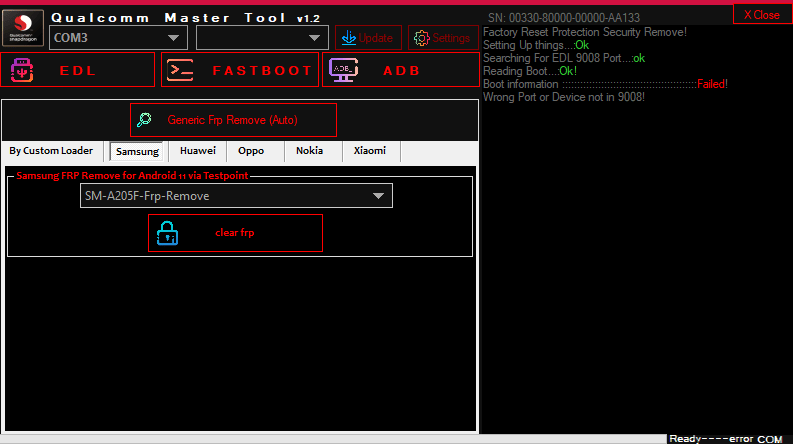 Qualcomm master tool remove frp on samsung huawei & oppo phones 3 Qualcomm master tool v1. 2 showing the samsung tab for frp removal via testpoint.