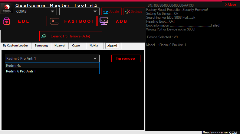 Qualcomm master tool remove frp on samsung huawei & oppo phones 6 Screenshot of qualcomm master tool v1. 2 showing the xiaomi tab with a dropdown for model selection and an frp remove button.