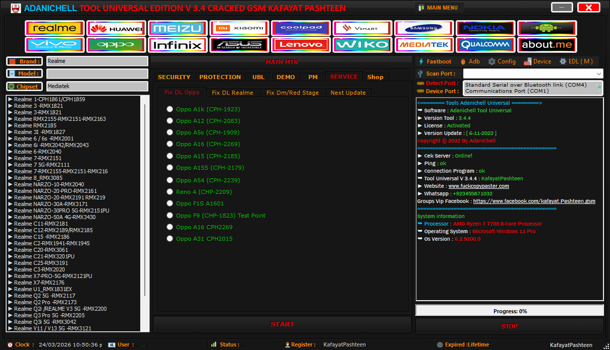 Adanichell tool interface showing the service tab with fix dl oppo options and a list of supported models.