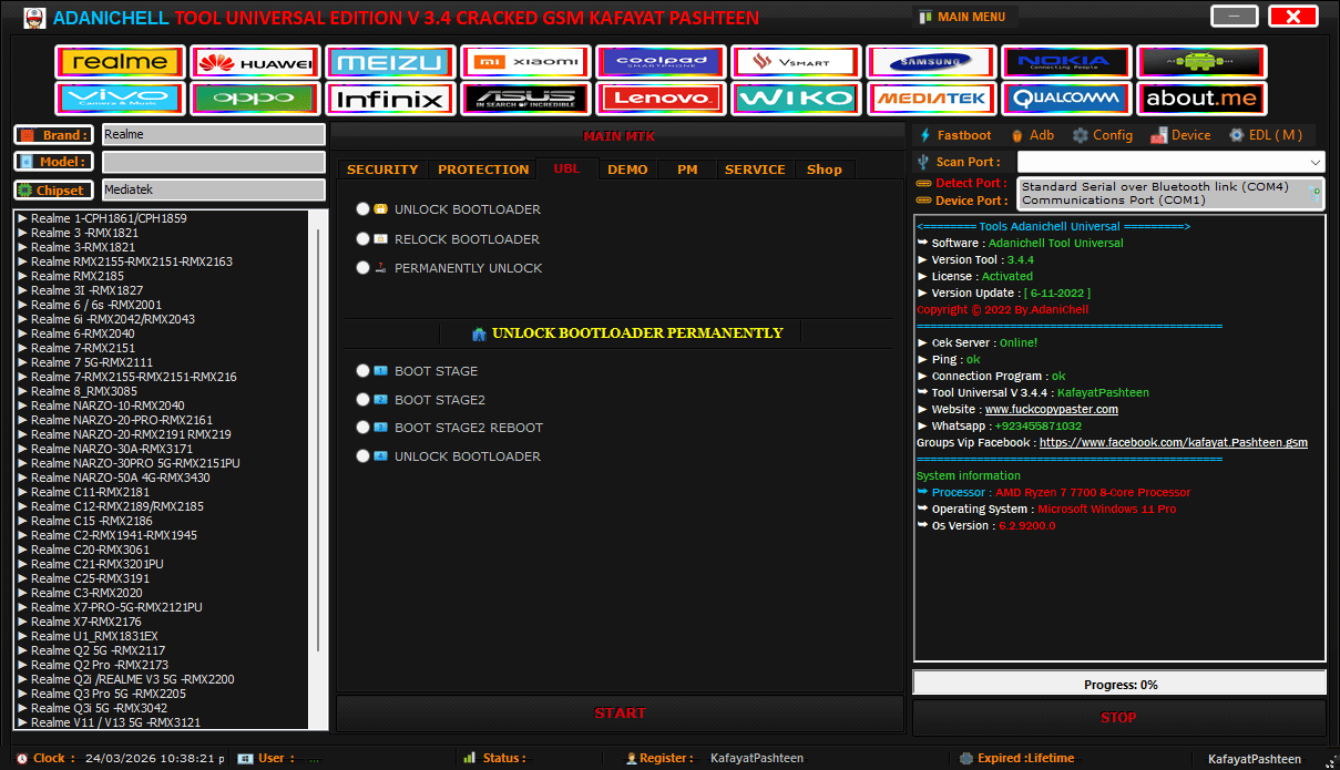 Adanichell tool universal edition v3. 4 interface showing mtk bootloader unlock and android servicing options