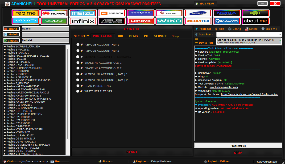 Adanichell tool universal edition interface showing bootloader unlock and mtk device options
