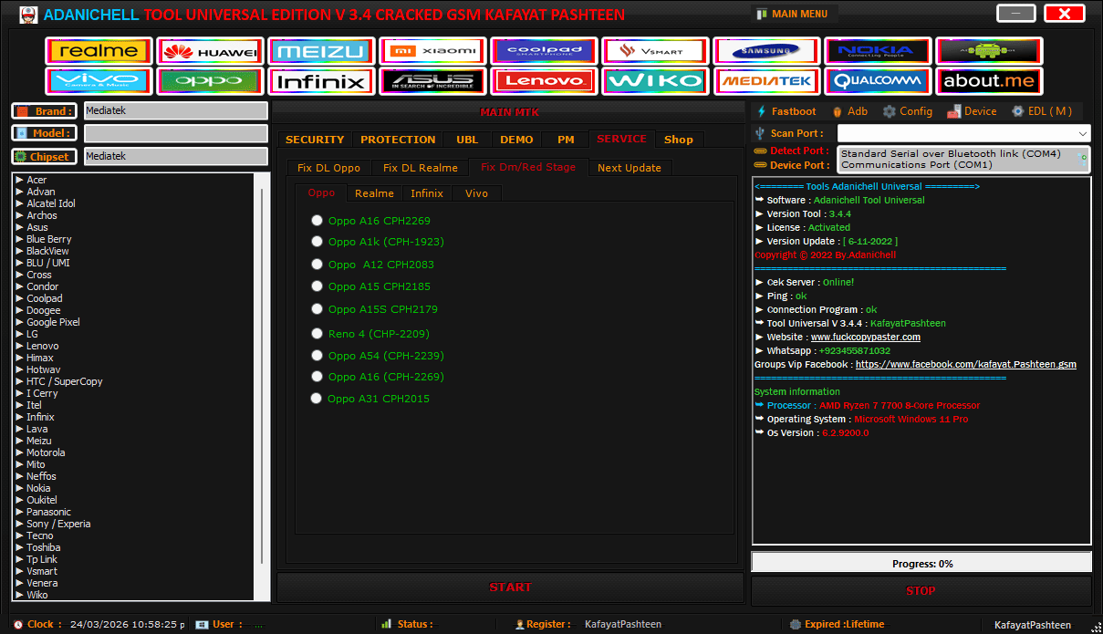 Adanichell tool dashboard showing the fix dm red stage menu for oppo smartphones under the service tab.