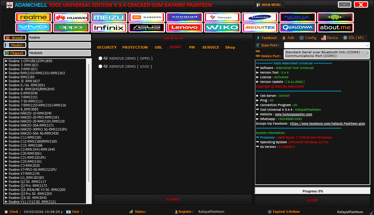 The adanichell tool dashboard showing mediatek chipset settings and the remove demo section for supported devices.