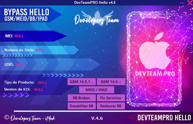 Devteampro hello v4. 6 hello screen untethered bypass gsm meid latest tool