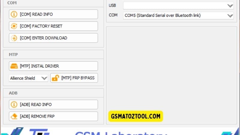 Samsung frp bypass tool for samsung devices one click unlock 2 Samsung frp bypass gsm laboratory tool interface showing com mtp and adb options for frp removal
