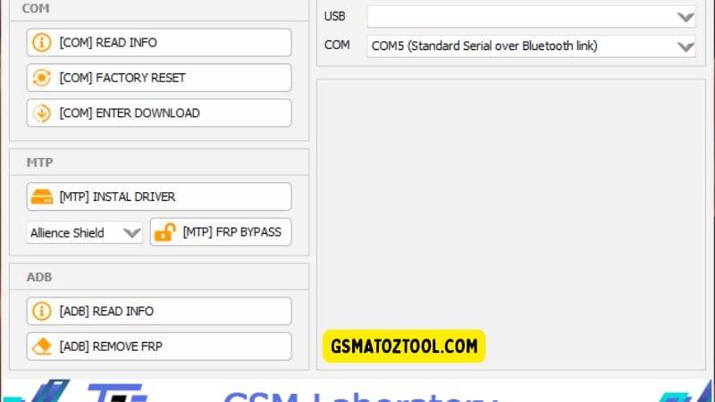 Samsung frp bypass gsm laboratory tool interface showing com mtp and adb options for frp removal