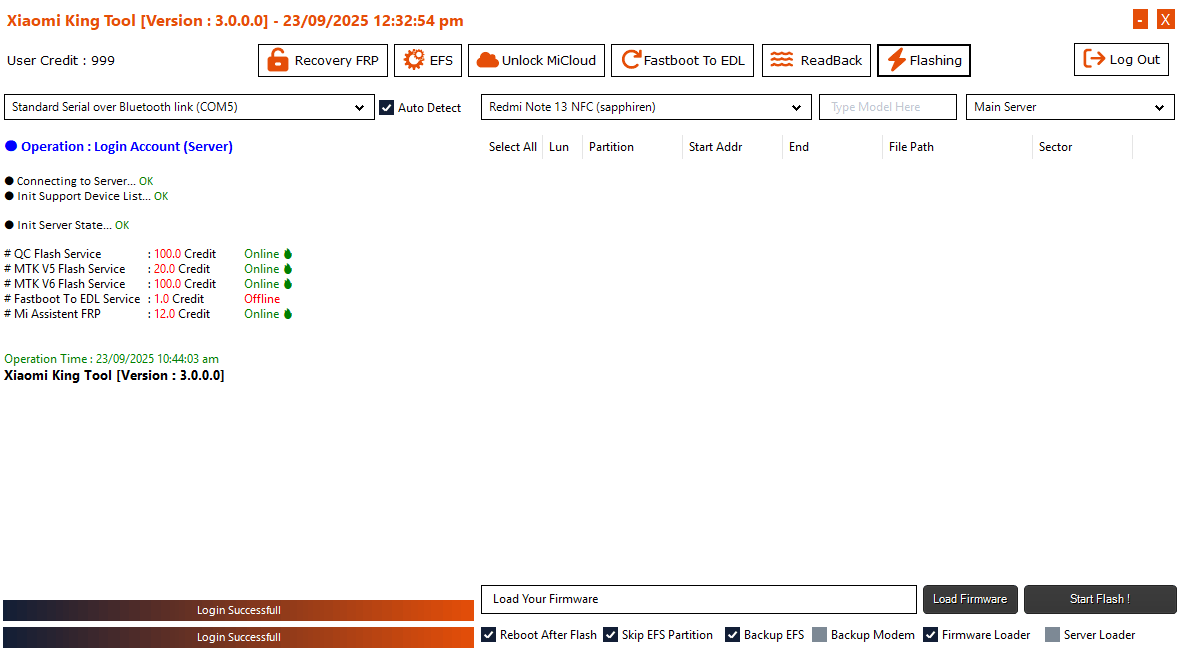 Xiaomi king tool latest version free download frp, micloud, flash & efs 1 Xiaomi king tool flashing options with load firmware start flash and backup efs partition