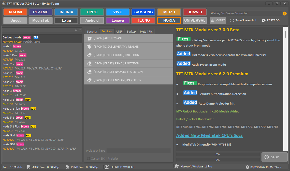 Tft mtk module tool 7. 0. 0 latest version free download 3 Gui screenshot of tft mtk module by iq-team showing the nokia category and brom services tab functions.