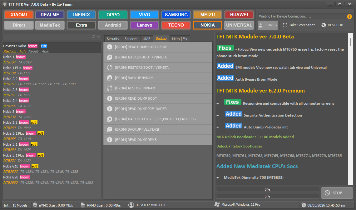 Tft mtk module tool 7. 0. 0 latest version free download 5 Tft mtk module tool backup tab showing options to read dump backup nvram and extract full flash.