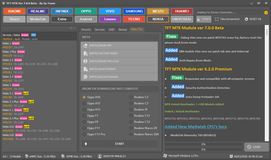 Tft mtk module tool 7. 0. 0 latest version free download 6 Tft mtk module tool meta fix tab showing options to erase micloud and fix brom download issues for oppo and realme.