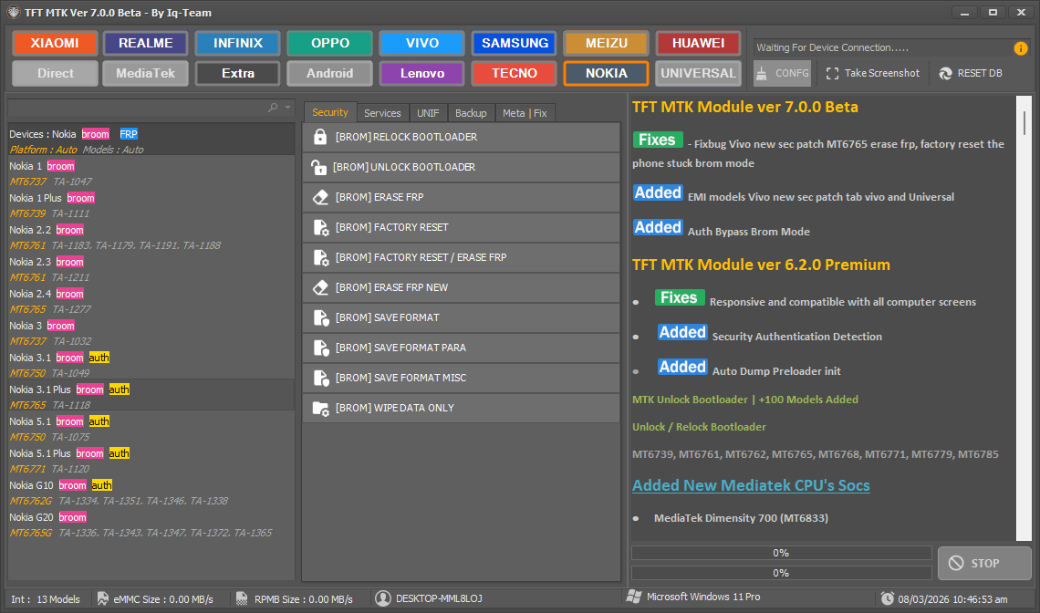 Tft mtk module tool 7. 0. 0 latest version free download 2 Tft mtk module tool beta interface by iq-team showing supported android brands and brom security operations