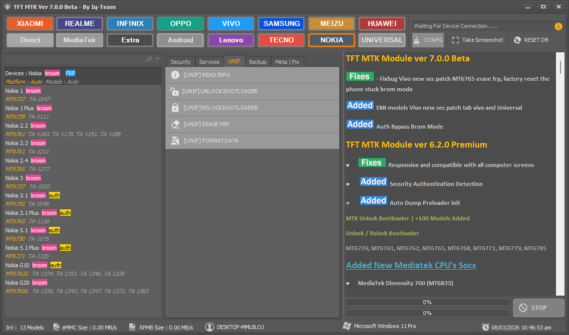 Tft mtk module tool 7. 0. 0 latest version free download 4 Tft mtk module tool v7. 0. 0 beta unif tab interface showing read info and format data features.