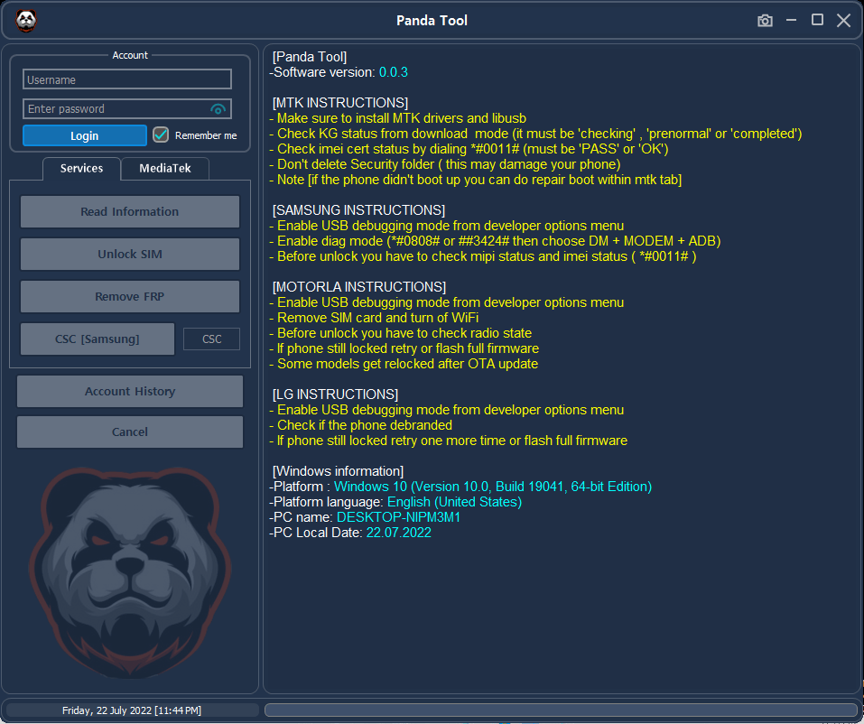 Panda tool v0. 4 change csc frp bypass remove user lock tool