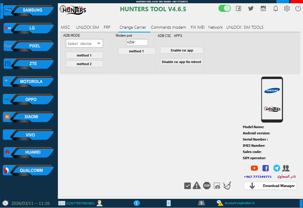 Hunters tool software interface showing android phone servicing options like unlock sim frp change carrier and fix imei.