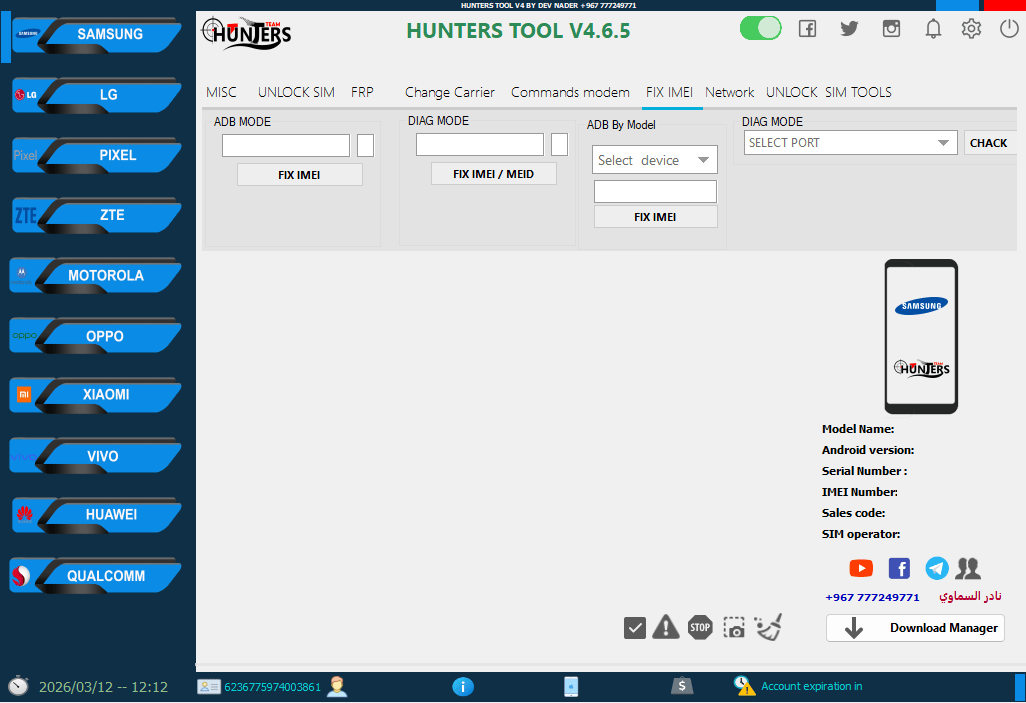 Hunters tool showing the fix imei tab with adb mode diag mode and android device service options.