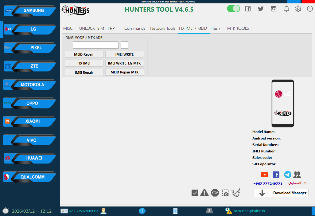 Hunters tool the lg fix imei / meid section with mtk adb options for imei and meid repair and writing