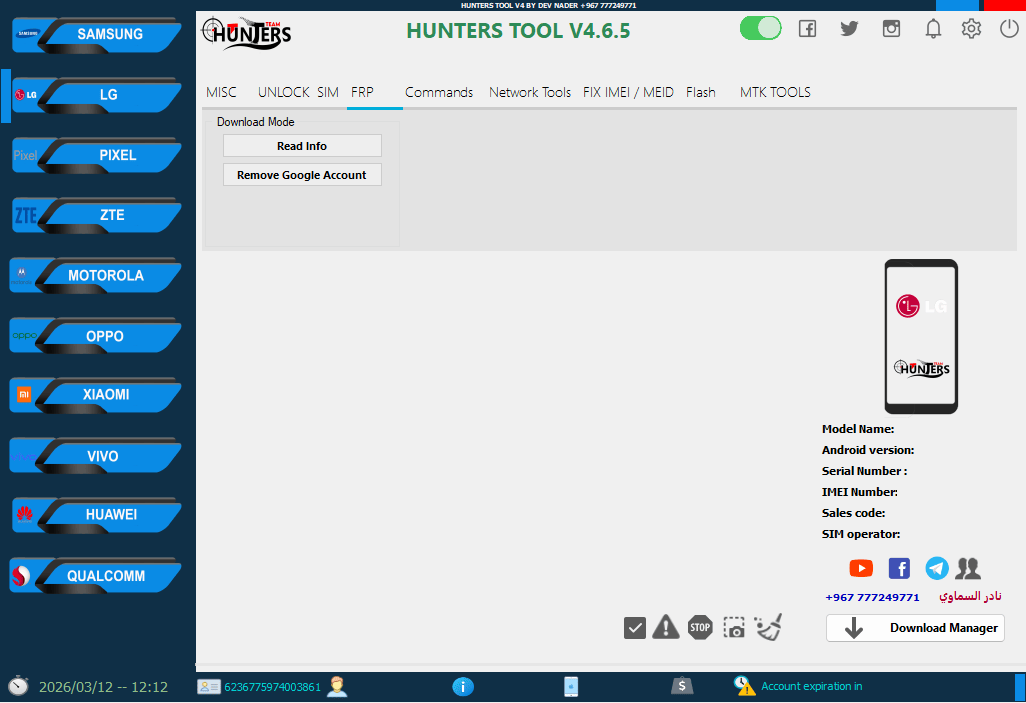 Hunters tool the lg frp section with download mode options for reading device info and removing a google account.