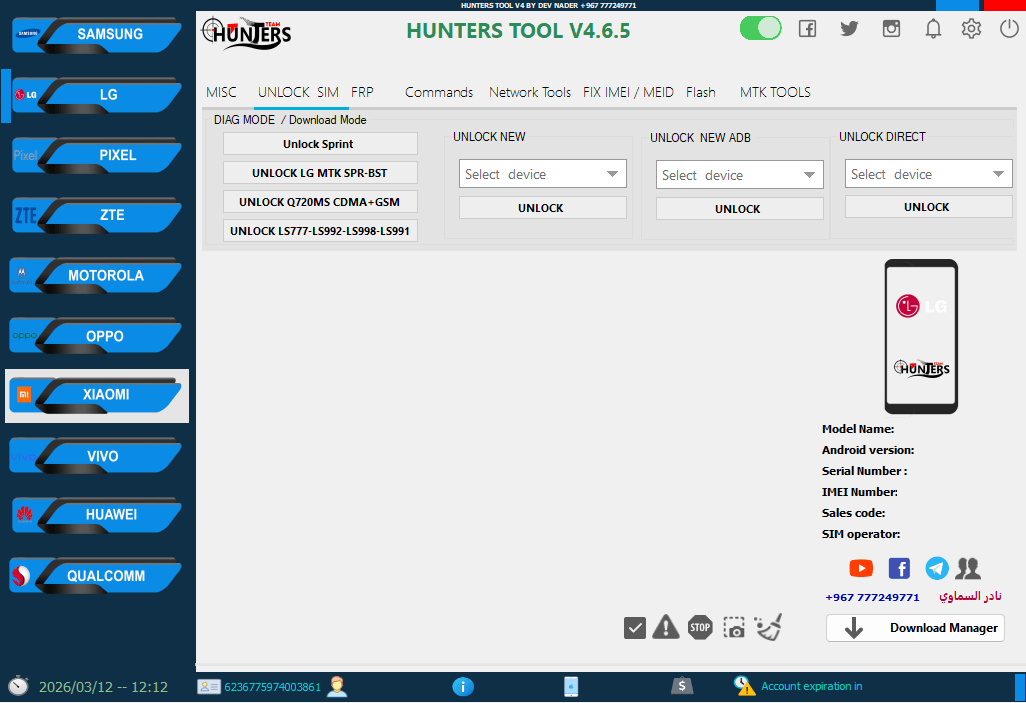 Hunters tool the lg unlock sim section with sprint mtk cdma+gsm adb and direct unlock options.
