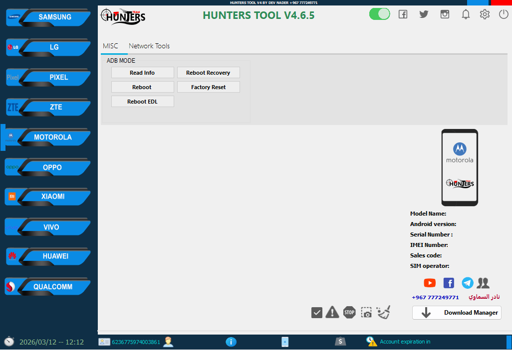 Hunters tool the motorola section with adb mode options for device info reboot recovery factory reset and edl reboot.