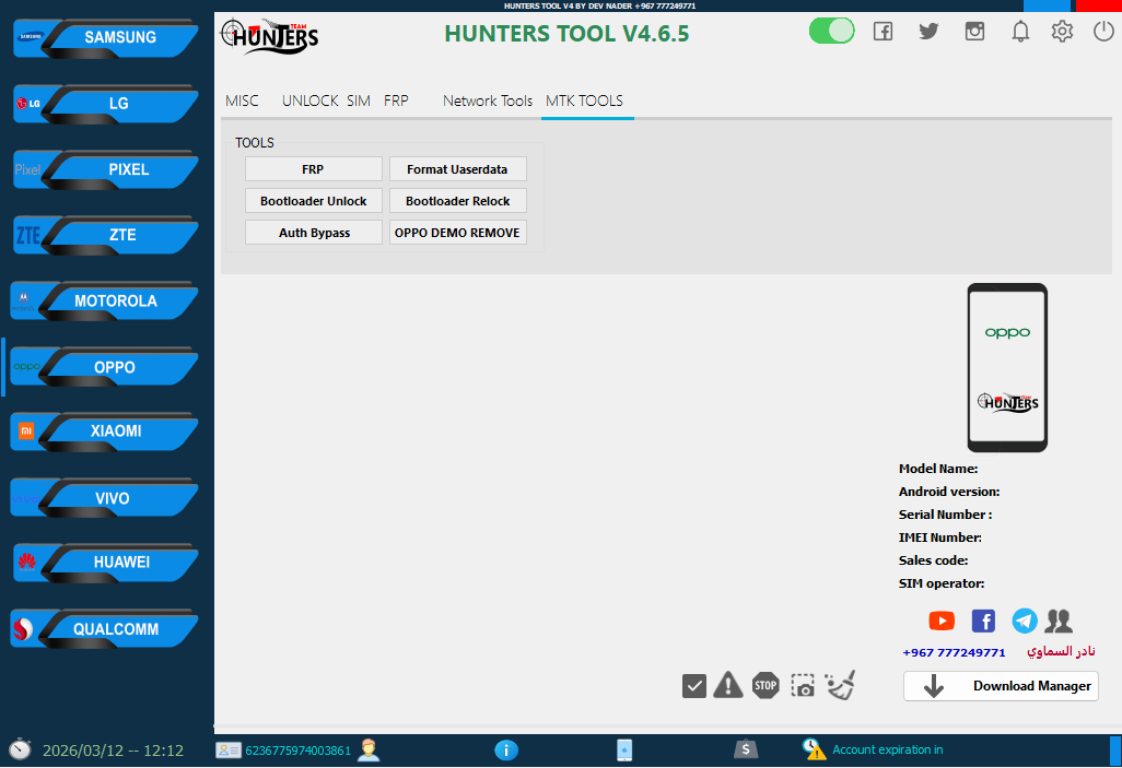 Hunters tool the oppo mtk tools section with frp userdata formatting bootloader auth bypass and demo removal options.