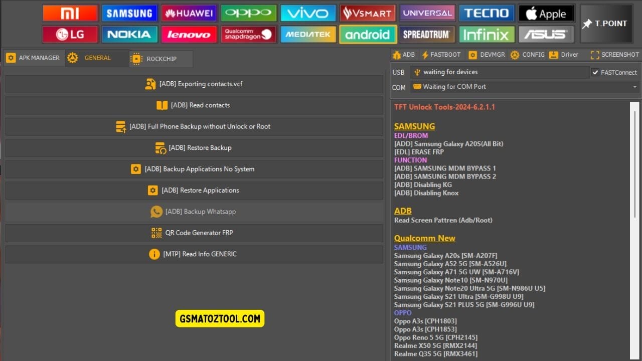 Tft unlock tool general tab showing adb backup contacts export whatsapp backup and restore options