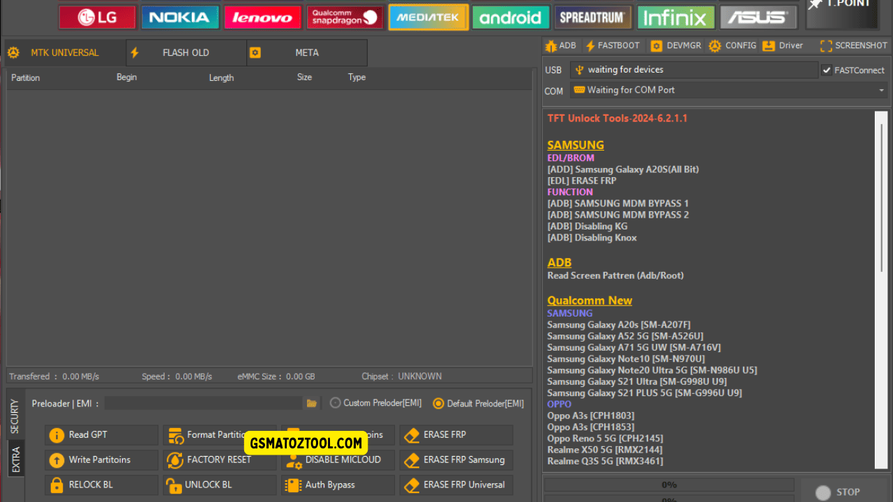 Tft unlock tool mtk universal tab showing partition management frp erase and bootloader options