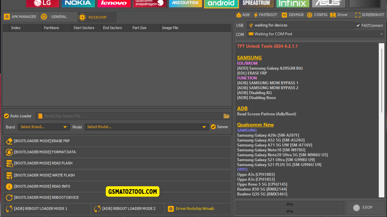 Tft unlock tool rockchip tab showing bootloader mode options for frp erase format data and flash operations