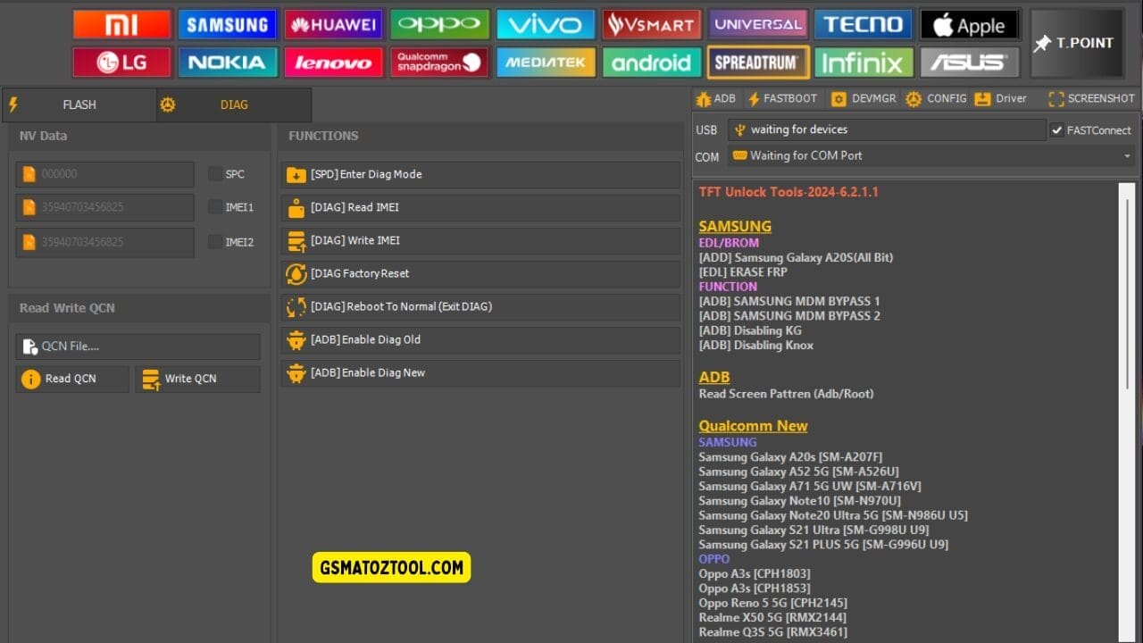 Tft unlock tool spreadtrum diag tab showing imei read/write nv data and qcn file