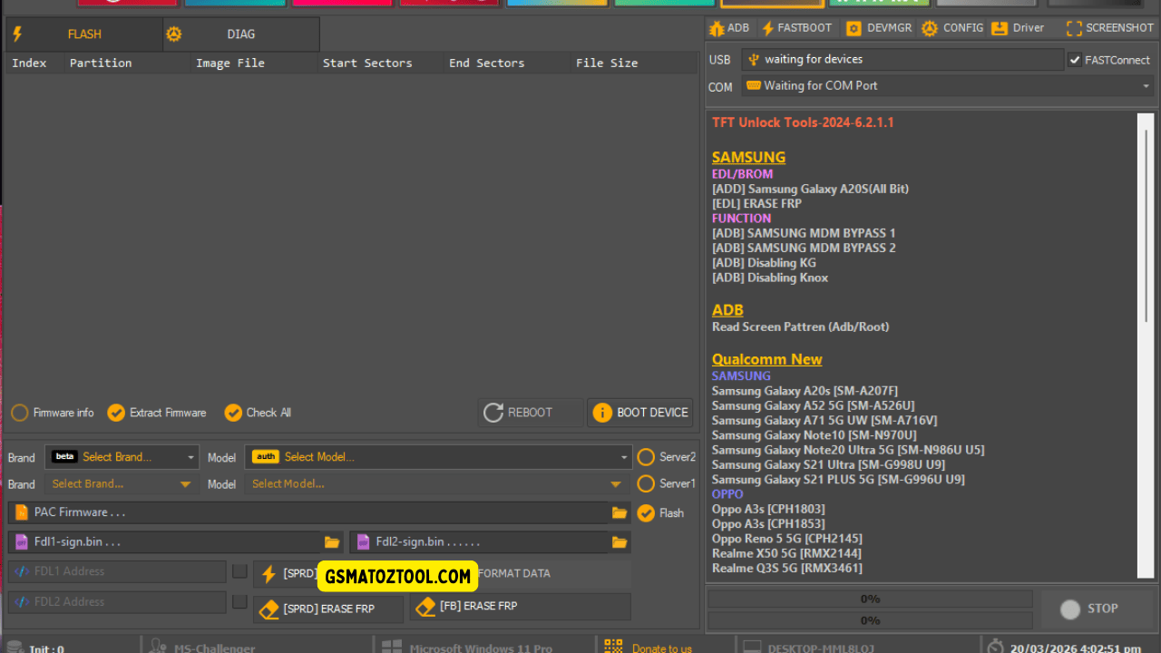 Tft unlock tool spreadtrum flash tab showing pac firmware loading fdl files and frp erase options