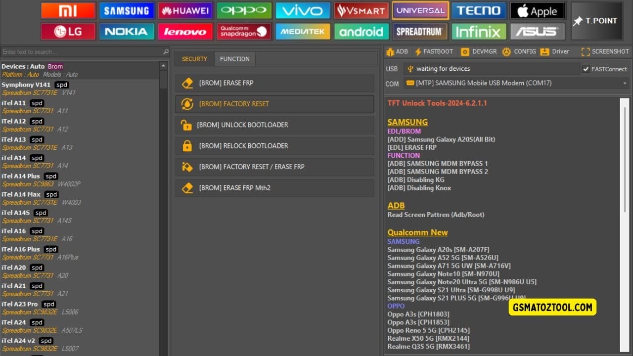 Screenshot of tft unlock tool 2024 showing the universal device list function tab options adb and mtp tools frp functions and usb/com connection status.