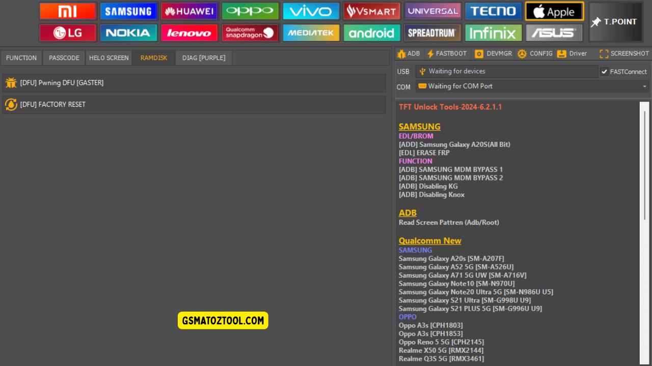 Screenshot of tft unlock tool 2024 showing the apple ramdisk tab with dfu pwning and factory reset options along with usb/com connection status.