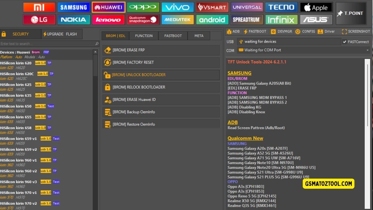 Screenshot of tft unlock tool 2025 showing the huawei device list brom/edl options frp erase bootloader tools and usb/com connection status.
