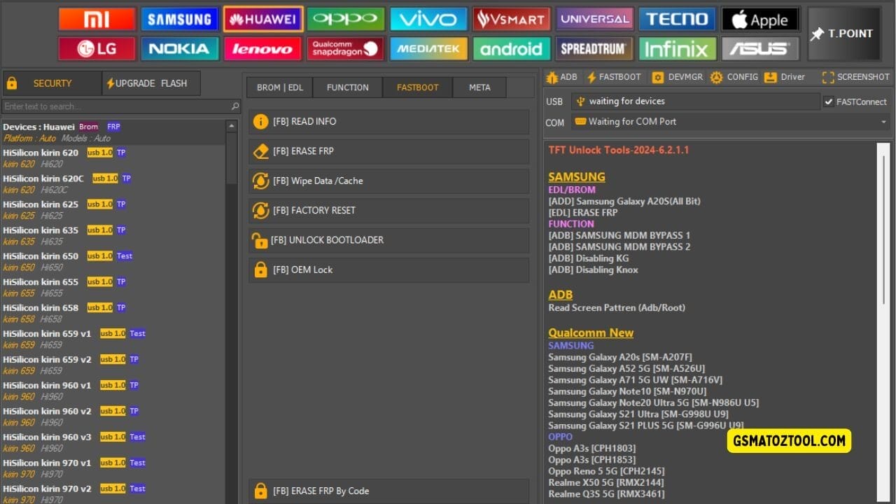 Screenshot of tft unlock tool 2025 showing the huawei device list fastboot tab options frp tools bootloader controls and usb/com connection status.
