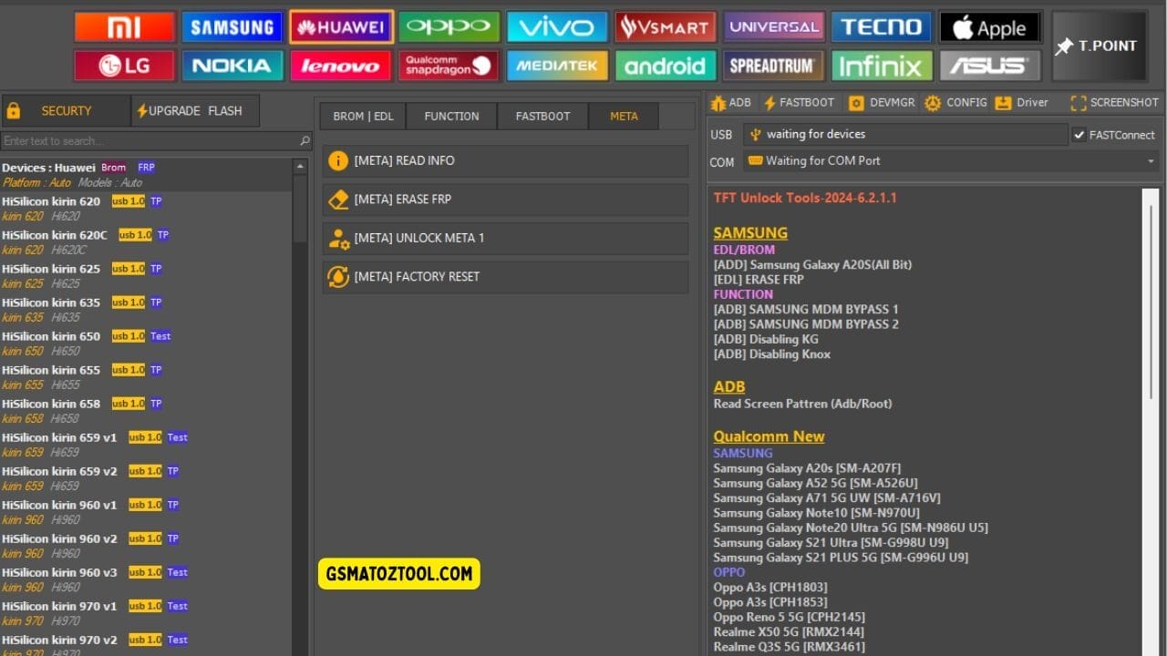 Screenshot of tft unlock tool 2025 showing the huawei device list meta tab options frp erase factory reset and usb/com connection status.