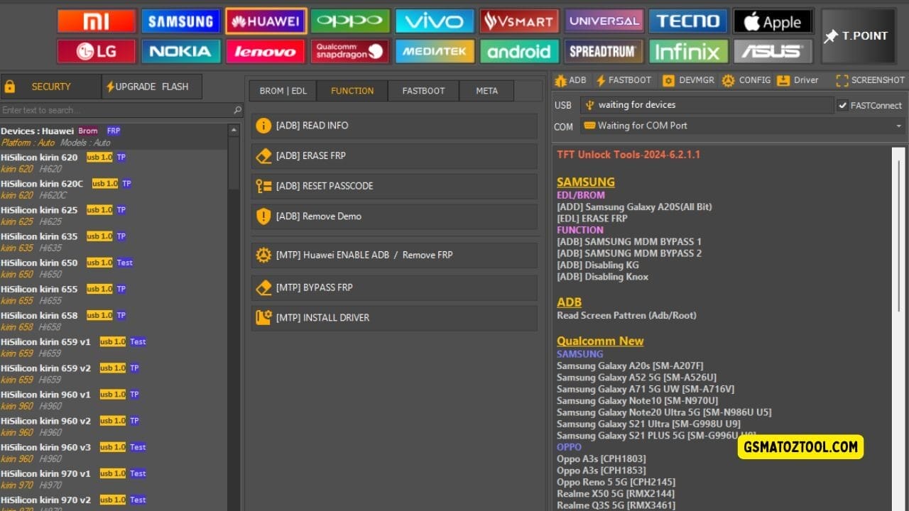 Tft unlock tool latest version free download (all-in-one solution) 14 Screenshot of tft unlock tool 2025 showing the huawei device list function tab options adb and mtp utilities and usb/com connection status.