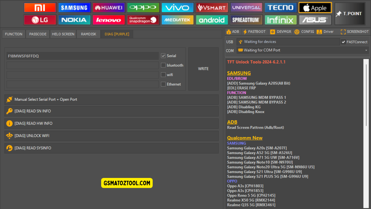 Screenshot of tft unlock tool showing the apple diag (purple) tab with serial configuration and diagnostic options.