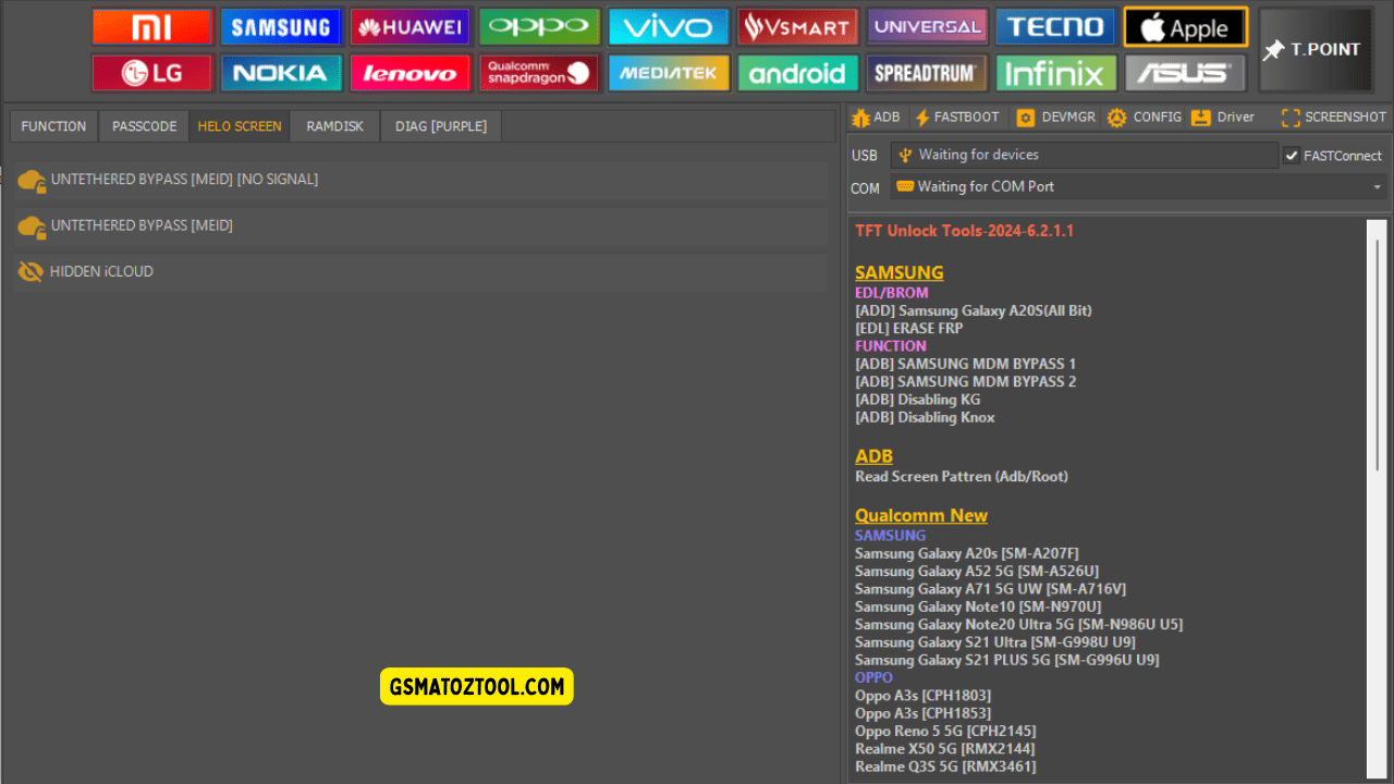 Tft unlock tool latest version free download (all-in-one solution) 32 Screenshot of tft unlock tool 2024 showing the apple hello screen tab with icloud bypass options and usb/com connection status.